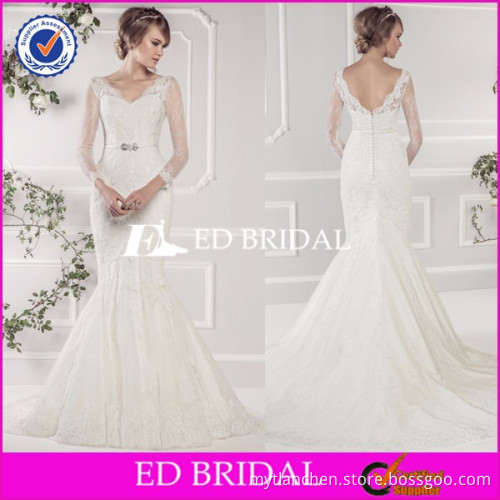 Elegant MH192 V Neckline Lace Pattern Long Sleeve Bridal Mermaid Dress Pattern